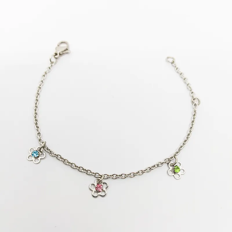 PULSEIRA INOX INFANTIL CFLORZINHAS COLORIDA STRASS2MM 15CM