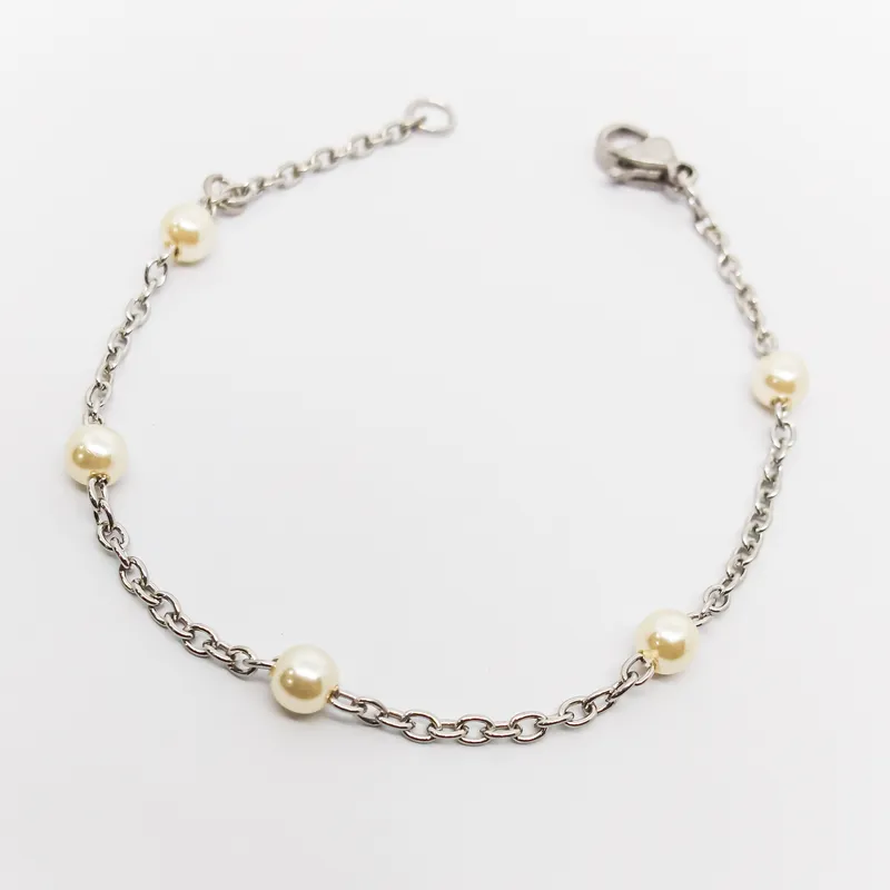 PULSEIRA INOX INFANTIL C 5PEROLAS CREME 4MM 15CM